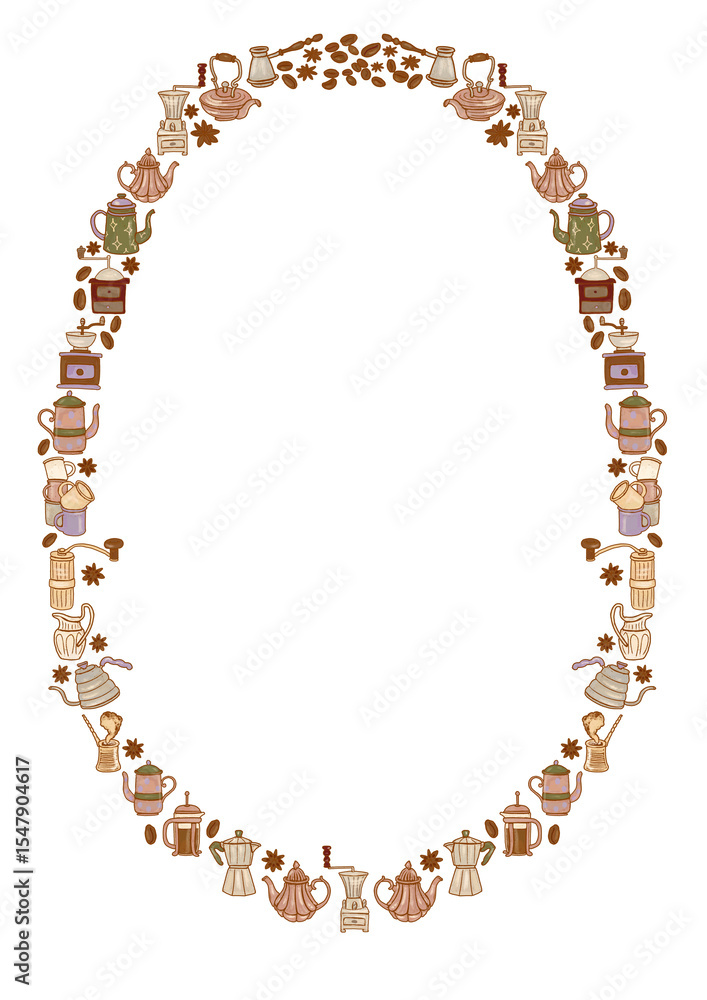 Fototapeta premium Coffee accessories for breakfast illustration. Cafe pattern border. Template isolated transparent round frame without background. Sweet aromatic hot seasonal drinks clipart. Cups, teapots, beans