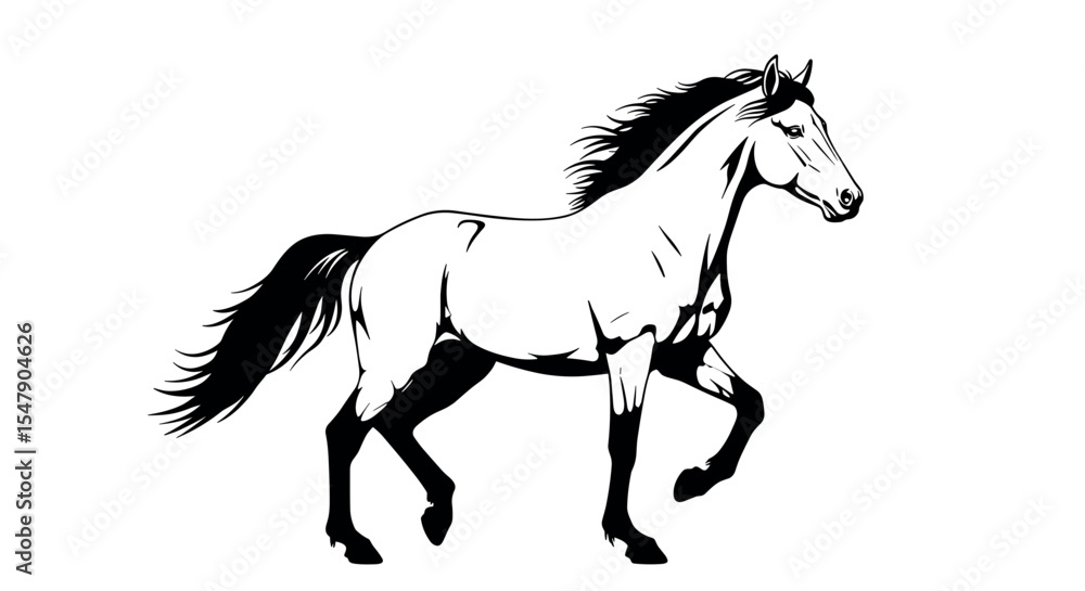 Obraz premium Dynamic black and white illustration of a galloping horse with flowing mane vector illustration