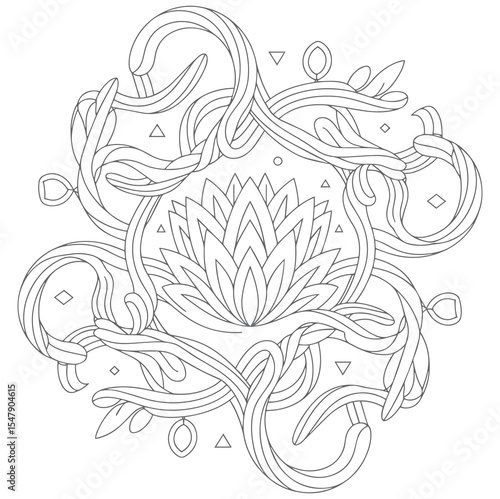 Grey Line Art Lotus Flower Entwined Vines Geometric Shapes