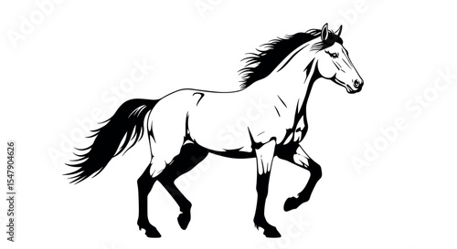 Dynamic black and white illustration of a galloping horse with flowing mane vector illustration