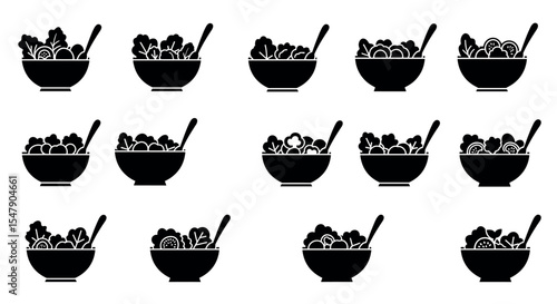 Assorted black silhouette salad bowl set with vegetables and spoons vector illustration
