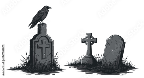 Raven perched on weathered cemetery tombstone among crosses and gravestones vector illustration