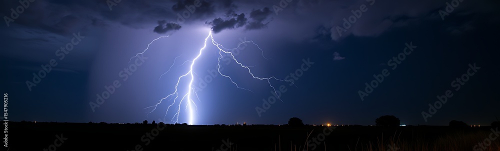 Naklejka premium Dramatic And Powerful Tornado Lightning Thunderstorm Flash Over The Night Sky