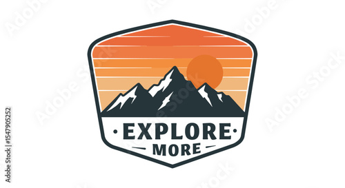 Retro mountain adventure badge with explore more text and sunset design vector illustration