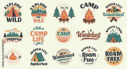 Vintage camping stickers: campfires, tents, and wanderlust adventure emblems vector illustration