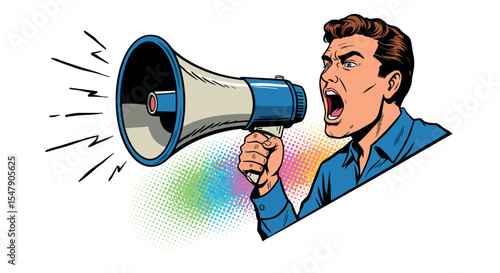 Young caucasian male shouting through megaphone in pop art style illustration vector illustration