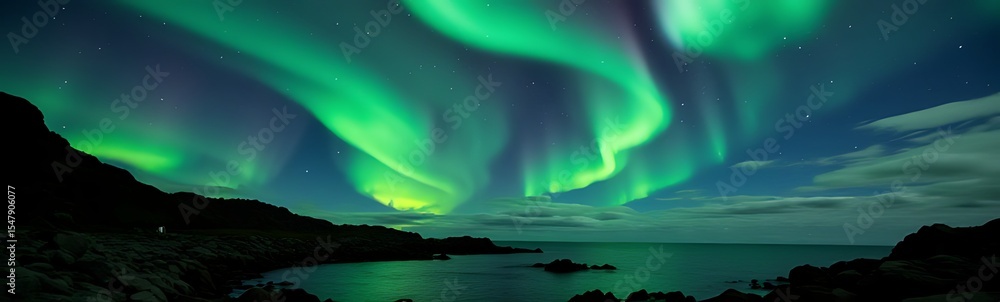 Naklejka premium Scenic Landscape Aurora Over Rocky Seashore Norway