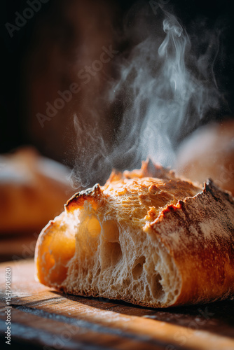 close-up of a freshly baked bread with steam coming out of it