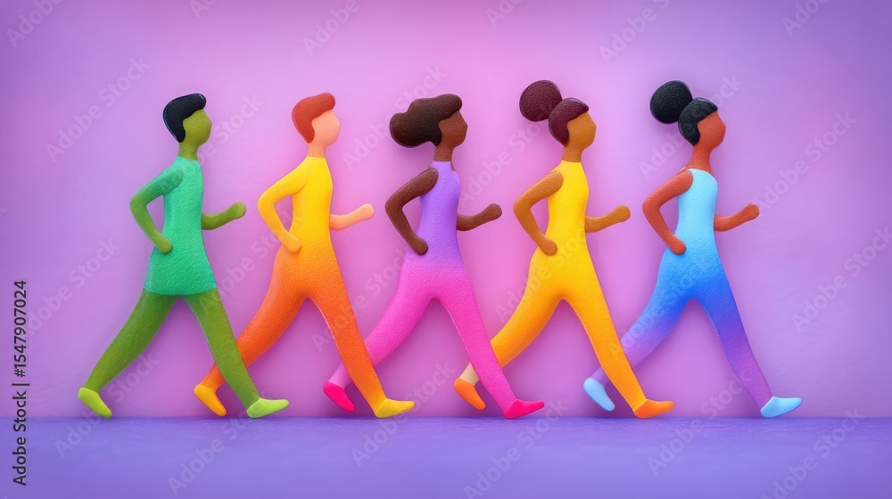 Obraz premium Colorful abstract figures in motion showcasing diversity and inclusion in a vibrant creative setting reflecting unity resilience and positive energy captured against a gradient background
