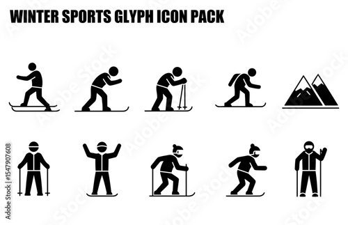 Winter sports glyph icons showing various skiers in action on snowy mountains