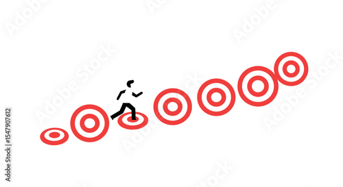 Illustrated figure running along a series of red targets on a white background vector illustration