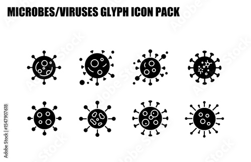Microbe/virus glyph icons set on a white background. Simple, stylized representations of various microbes/viruses, ideal for educational or medical applications.