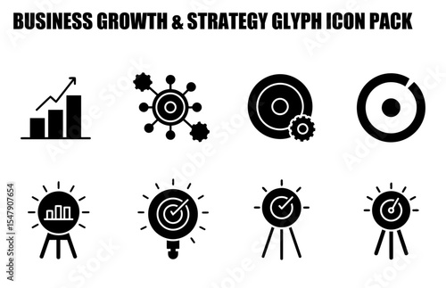 Business growth and strategy glyph icons in a white background. Abstract icons depicting various business concepts such as growth, network, strategy, target achievement, and success.
