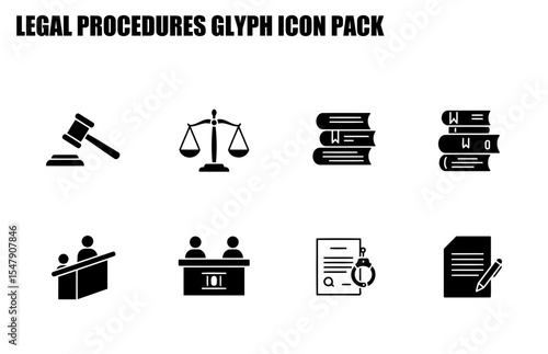 Legal procedures glyph icons with diverse demographic elements in a courtroom setting.
