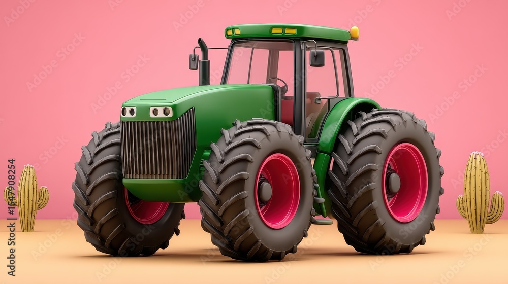 Obraz premium Colorful cartoon tractor against pink backdrop with vibrant cacti bringing whimsical charm to modern farming concepts and playful landscapes captured with clarity