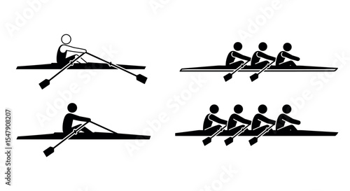 Pictogram illustrations of solo and team rowing in black silhouette style vector illustration