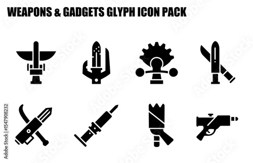 Black and white weapons and gadgets glyph icons in a grid pattern. Weapons and gadgets glyph icons, various shapes. Collection of weaponry and gadget icons.