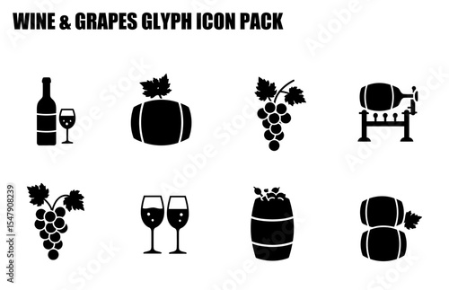 Wine and grapes glyph icons in a simple, modern design. Wine bottle, wine glasses, grape bunches, wine barrels, and winemaking equipment.