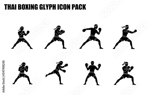 Thai Boxing Glyph Icons of Male Athletes in Fighting Stances. Silhouette illustrations of multiple male figures in various Muay Thai combat positions against a plain white background.