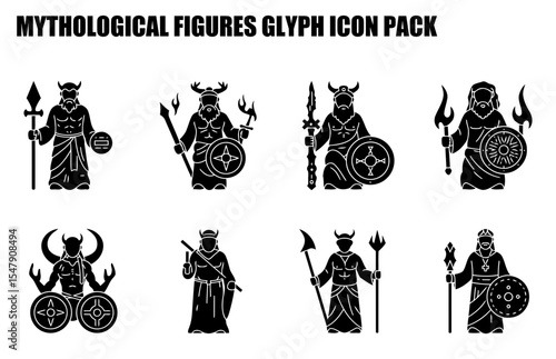 Mythological figures in various historical costumes. Iconic figures holding weapons and shields in a white background.