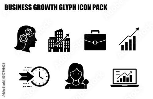 Business growth glyph icons for a professional demographic. Abstract illustrations of business concepts in a corporate setting.
