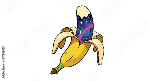 Cosmic banana illustration with galaxy inside peeling yellow fruit on white background vector illustration
