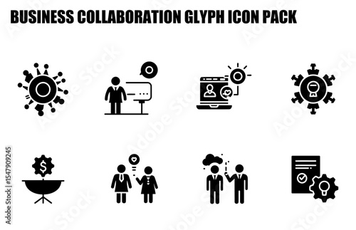Business collaboration glyph icons depicting various team interactions in a professional setting. Diverse professionals engaging in teamwork, presentations, and virtual communication.