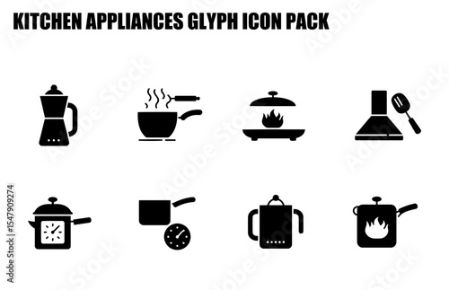 Kitchen appliance glyph icons showing various cooking tools and equipment. Collection of black and white kitchen appliances in a simple, modern design.