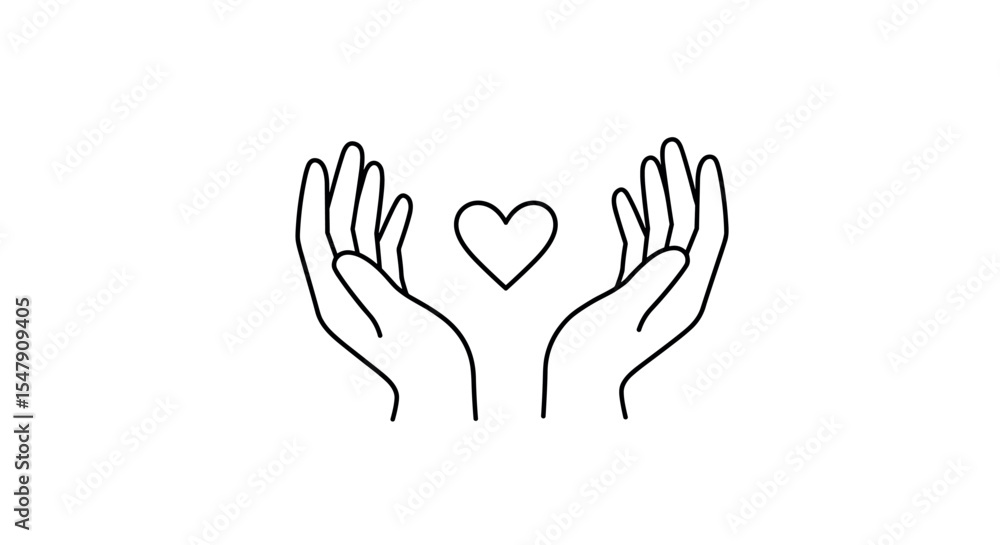 Obraz premium Open hands embracing heart symbol in minimalist black and white line art vector illustration