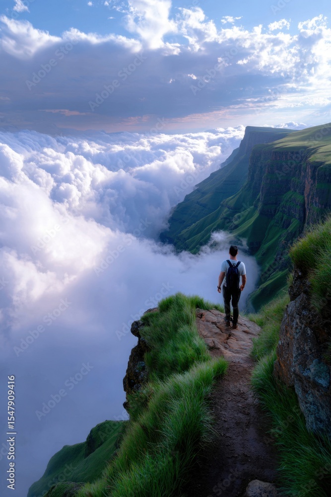 Fototapeta premium Man with backpack crossing narrow trail along cliffside, dramatic clouds, remote mountain region