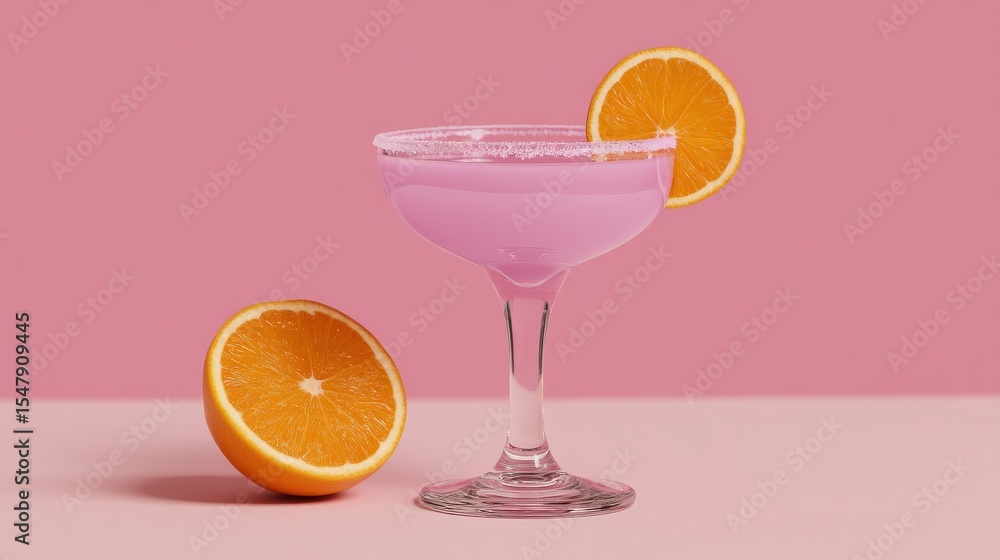 Refreshing pink cocktail adorned with an orange slice presented on a pastel pink backdrop perfect for summer gatherings and vibrant celebrations ideal for themed parties Refreshing pink cocktail adorned with an orange slice presented on a pastel pink backdrop perfect for summer gatherings and vibrant celebrations ideal for themed parties