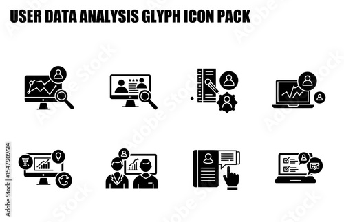 User data analysis icons depicting various processes and tools for business analysis in a white background. User data analysis icons featuring individuals and computers for data processing.