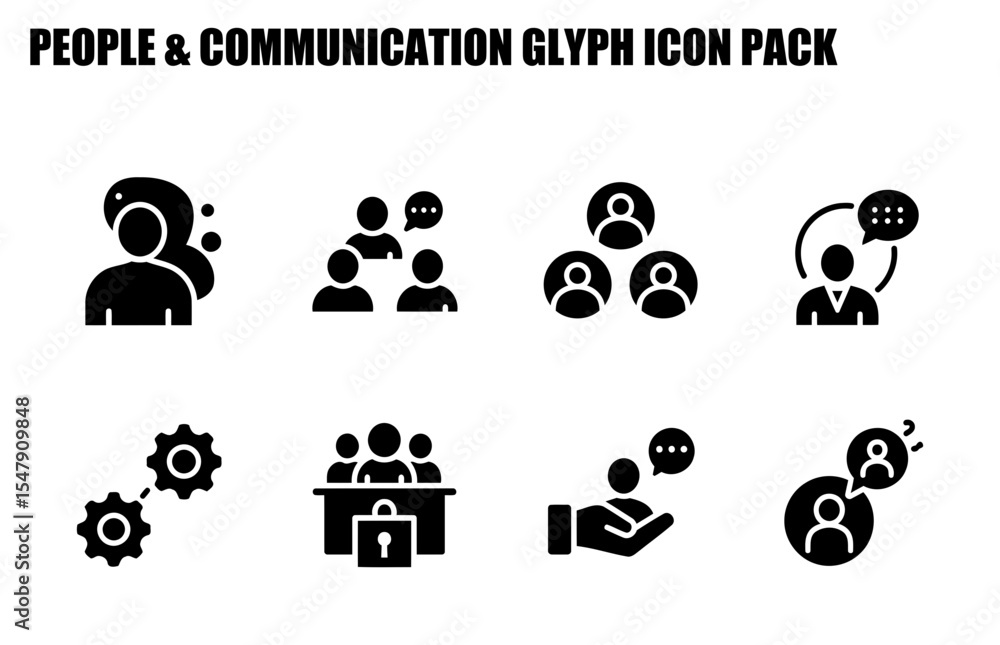 Abstract icons of people communicating and collaborating in various settings. Collection of glyph icons depicting communication and collaboration. Abstract icons of people communicating and collaborating in various settings. Collection of glyph icons depicting communication and collaboration.