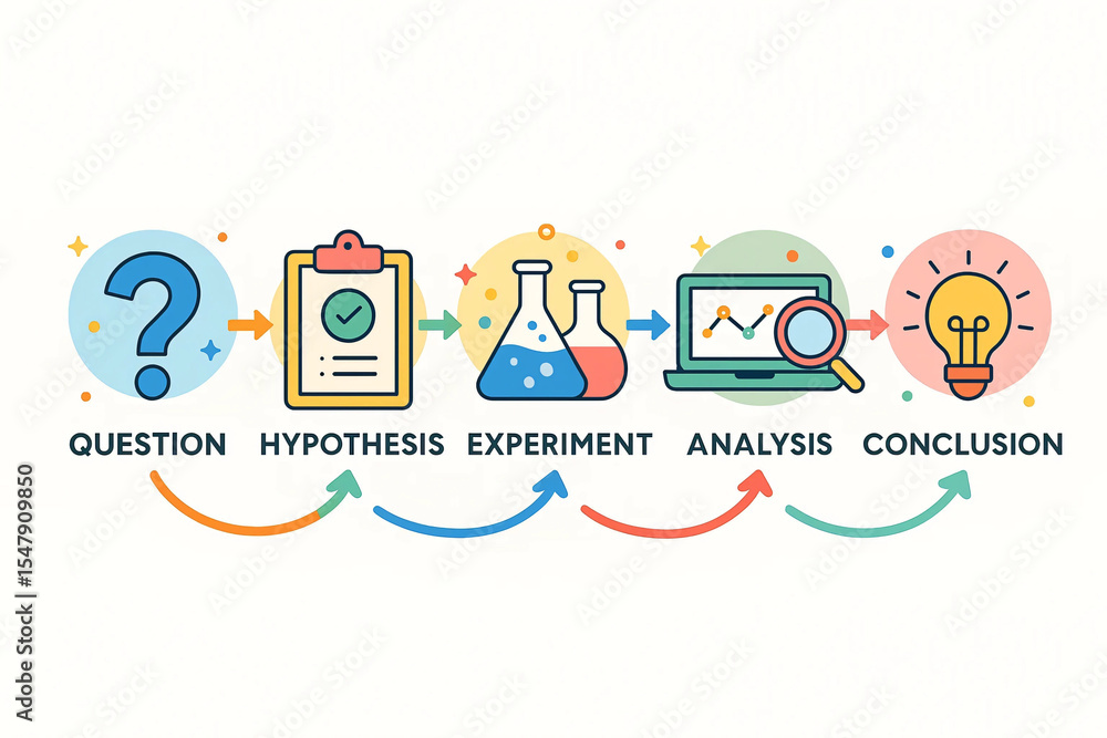 Naklejka premium Scientific research hypothesis experiment analysis conclusion process illustration