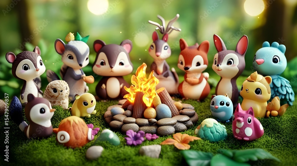 Fototapeta premium Cute animals, Campfire, Forest, Cute Animals Gathering Around a Campfire in a Magical Forest