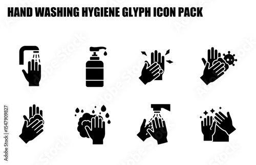Hand washing hygiene glyph icons with various steps displayed. Illustrations of handwashing techniques for hygiene purposes.