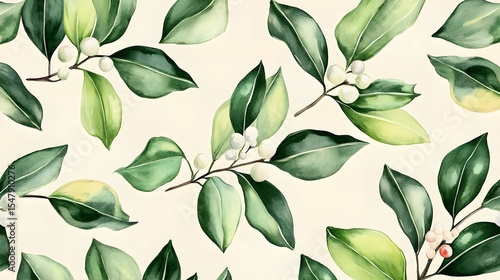 Watercolor, Seamless, Pattern, Watercolor Green Leaves and White Berries Seamless Pattern