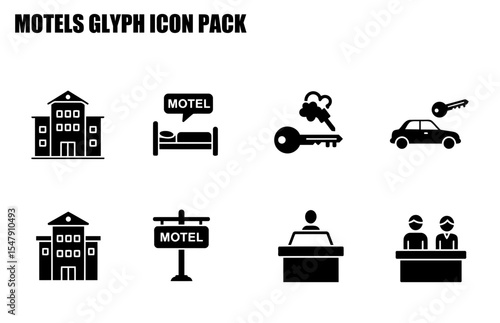 Motel building icons set with various motel facilities and services. Simple, black and white illustrations of a motel building, bed, key, car, sign, receptionist, and reception desk.