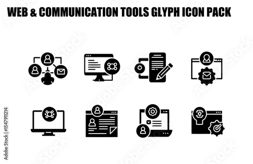 Black and white web communication tools glyph icon pack showing various functions. A collection of simple, flat icons related to web communication tools.