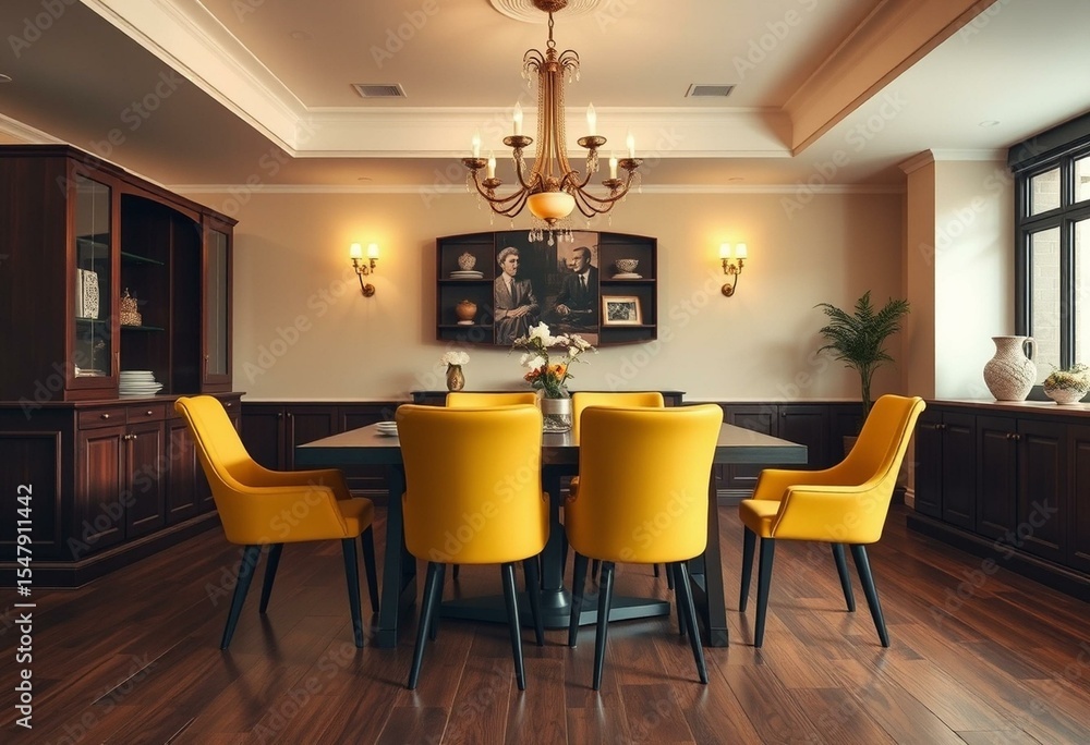 Fototapeta premium Retro-inspired dining room with mustard yellow chairs and dark wood table