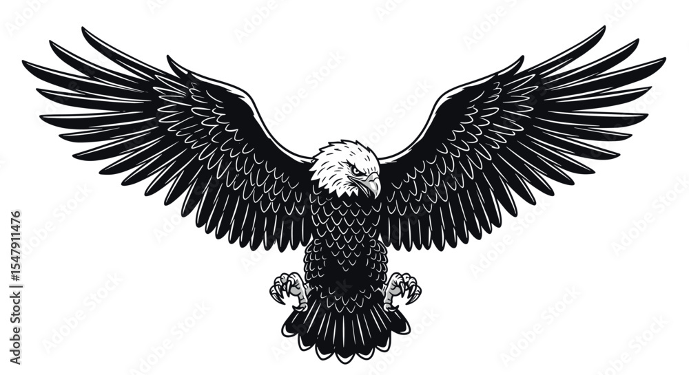 Obraz premium Majestic bald eagle with outstretched wings in black and white illustration vector illustration