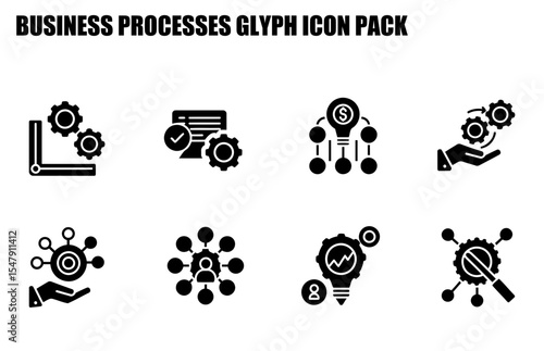 Business process glyph icon pack with various business process elements. Set of simple, black and white icons with no people displayed on a white background.