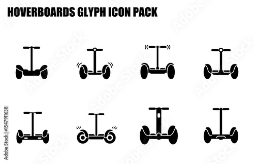 Hoverboard glyph icon pack showing various views of the device. Multiple views of hoverboards in a flat design style with a white background.