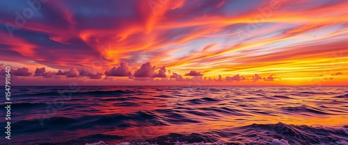 Fiery orange and purple sunset paints the tranquil ocean waves, travel, water