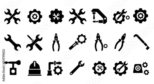 Industrial tools and mechanical icons set including wrenches, pliers, gears, and more vector illustration