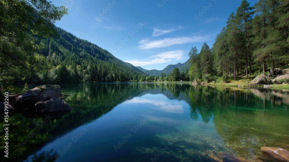 Fototapeta premium Mountain lake surrounded by trees, glassy water reflecting sky