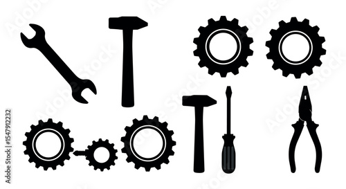 Silhouette of tools and cogs: hammer, wrench, screwdriver, pliers, gears vector illustration