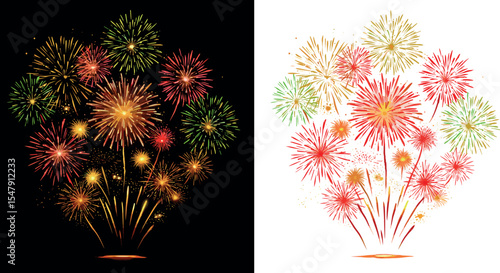 Vibrant multicolored fireworks exploding in night and day sky vector illustration