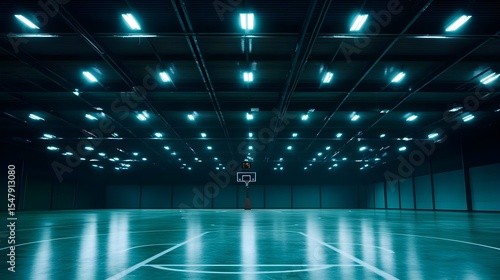 Basketball court, Basketball hoop, Indoor basketball, Empty Basketball Court at Night with Teal Lighting
