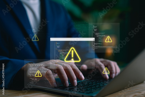 Schilderij op canvas Cybersecurity alert concept showing a programmer detecting system errors and coding issues